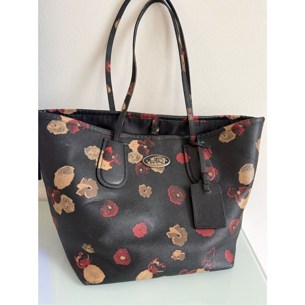 Coach Black Floral Tote with Red and Tan Bloom Print - Picture 7 of 15